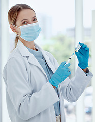 Image showing Covid vaccine, face mask and doctor with needle for medical corona virus safety, protection and trust. Woman healthcare worker with glass bottle liquid container for medicine covid 19 cure
