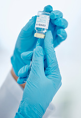 Image showing Covid vaccine, healthcare hands and needle for medical safety and protection against corona virus. Doctor with glass bottle liquid container for medicine research innovation, hospital or clinic help