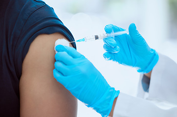Image showing Healthcare nurse and covid vaccine patient injection for virus immunity and protection in pandemic. Closeup of medical worker with coronavirus vaccination syringe for serious sickness prevention