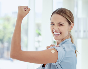 Image showing Woman, covid vaccine or band aid on flex arm in power, strength or support of Australian hospital injection. Happy smile portrait of patient and plaster in global virus security or safety wellness