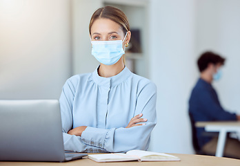 Image showing Covid mask, business woman by a computer in a office ready to start with online research. Portrait of a female employee and worker about to use pc technology, internet and digital tech in a office