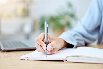Image showing Woman hands, writing notebook and planning ideas at receptionist desk in startup. Closeup writer, journalist and secretary of schedule, agenda planner and strategy reminder, budget notes and analysis