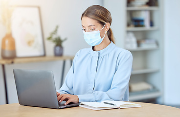 Image showing Covid, compliance or business woman with face mask working with laptop for planning or research online strategy or ideas. Virus protection or creative IT girl with schedule, SEO or software analytics