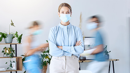 Image showing Busy business woman with her arms crossed and covid mask for safety at work in a office. Portrait of female manager with facial cover protection from a virus and covid 19 for healthcare and wellness