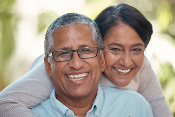 Image showing Love, retirement couple and portrait hug with happy smile and romantic embrace in garden. Married, senior and latino people in relationship commitment together with care and support.