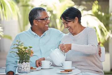 Image showing Garden tea in home, senior happy couple talking together in backyard and long love marriage. Smile by outdoor table date, mature healthy relationship with wife and elderly husband relax in happiness