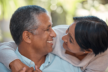 Image showing Love, marriage and retirement couple hug for caring husband and wife embrace moment in nature. Happy and romantic senior people enjoy wellbeing together in relaxing and peaceful garden.