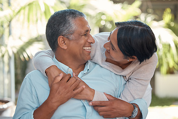 Image showing Happy senior couple hug in garden, love and romance in retirement. Nature, summer and mature man and woman hugging. Marriage, loyalty and a smile, outdoor time for elderly people to relax on weekend.