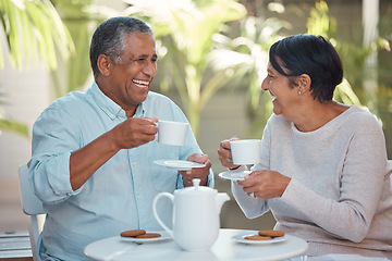 Image showing Happy senior couple, laughing and drinking coffee in cheerful fun together at outdoor cafe or restaurant. Elderly man and woman in laugh, tea and conversation bonding in happiness for relationship