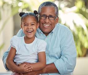 Image showing Happy, smile and family portrait of a grandparent and girl with happiness outdoors. Smiling man and young child laughing together with a hug feeling love, trust and care with a blur background