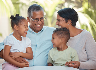 Image showing Love, family and happy grandparents with children siblings bonding together on the weekend. Young retirement grandfather and grandmother relax with excited kids in garden for joyful visit.