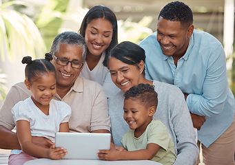 Image showing Family tablet, grandparents video call and children on internet with technology, reading social media notification and comic story online. Parents streaming movie with kids and elderly people on tech