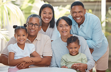 Image showing Family, love and children with their parents and grandparents outdoor in the garden during a visit. Happy, care and trust with a girl, boy and their relatives bonding and looking happy outside