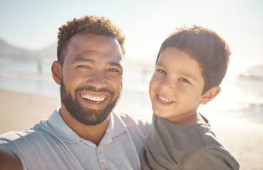 Image showing Happy, father and son portrait smile in beach fun, vacation and break in summer happiness together. Dad and child selfie smiling in fun outdoor bonding free time on a sunny day at the ocean