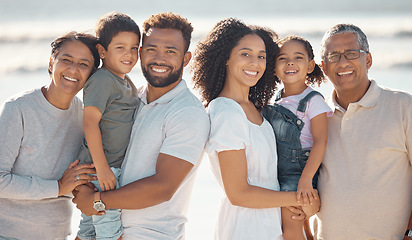 Image showing Happy, big family and portrait smile on a beach holiday together in happiness for outdoors. Black people smiling for ocean trip or travel in South Africa fun, relax and bond time on summer vacation