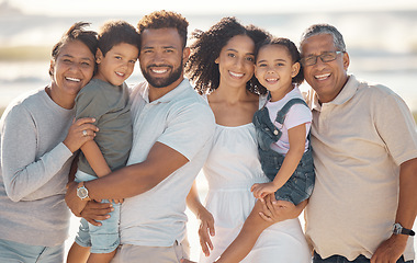 Image showing Happy, black family and portrait smile for beach moments together in happiness for the outdoors. African people smiling on holiday trip or travel in South Africa to relax and bond for summer vacation