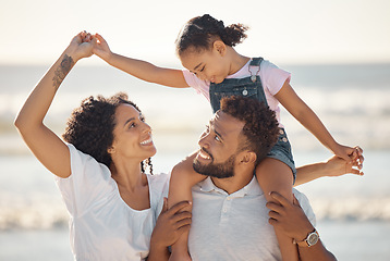 Image showing Mother, man and girl together on a family sea trip and ocean with a happy smile. Happiness of mom, father and child by beach waves on a summer day spending quality time in nature having fun with love
