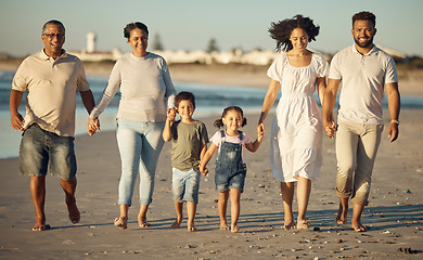 Image showing Family beach, holiday walking and children holding hands on vacation in Australia, happy with grandparents and parents by sea and travel time together. Portrait of elderly people in nature with kids