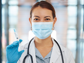 Image showing Woman healthcare with covid vaccine, syringe or doctor holding needle at hospital. Girl research leader with medical innovation science, face mask or medicine, help virus solution or cancer treatment