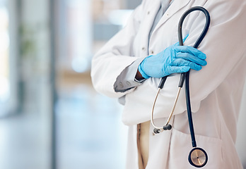 Image showing Medical hands, healthcare and doctor with stethoscope in hand of nurse for research, heartbeat or breathe in hospital. Medicine, insurance and consulting with health professional cardiology in clinic