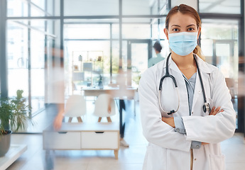 Image showing Covid doctor face mask for safety, medicine and wellness ppe for working in medical hospital. Portrait of woman therapist, healthcare expert and professional clinic worker in corona virus pandemic