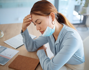 Image showing Stress, covid fatigue and woman with headache pain at in the office at work suffering from illness and sickness virus. Tired, mental health and person with migraine sleeping on the job in a mask