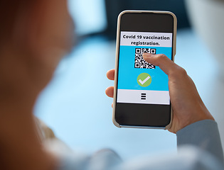 Image showing Covid phone, vaccine qr code and person with registration for medical passport, barcode for work security and healthcare safety in office. Worker with digital vaccination certificate on mobile