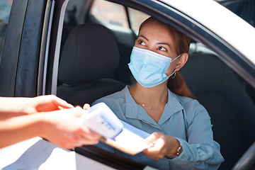 Image showing Car driver, face mask and document covid woman exam medical report for security, safety and corona virus protection. Paper form, girl worker and motor vehicle pass Covid 19 healthcare test questions