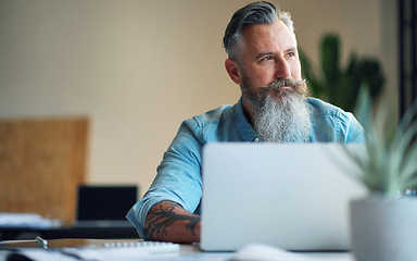 Image showing Business man, thinking and computer work in a office doing internet, web and digital research. Accounting, finance and data strategy of a senior IT expert working on planning financial analytics