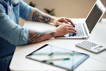 Image showing Accounting planning, email laptop and man typing a corporate proposal at a desk, networking on the internet and working at finance company. Financial accountant on the web for strategy