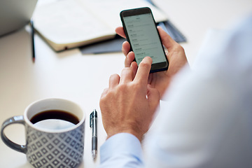 Image showing Businessman hands working on phone screen with coffee in a office online on a mobile. Digital, internet and web app of a business man planning a web email or strategy for a project on a worker desk