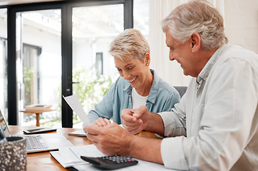 Image showing Senior couple, finance and investment or paying their bills at home. Married man and woman use calculator, checking their budget and retirement plan. Smiling mature people planning for future pension