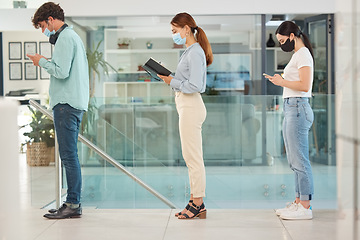 Image showing Covid, screening and queue with people waiting in line to enter an office for work with regulations and restrictions. A business man and women standing in a row during the corona virus pandemic