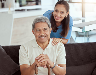 Image showing Portrait of senior man, nurse and caregiver in nursing home for healthcare, support and disability rehabilitation help. Elderly, happy and disabled patient with smile medical therapist in retirement