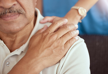 Image showing Senior man, caregiver and hands on shoulder for support, trust and empathy at retirement or nursing home. Girl nurse help sad, unhappy and retired elderly Mexico grandpa on sofa with pain from loss