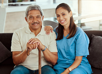 Image showing Nurse, portrait and senior man bonding, sitting on sofa during a checkup at assisted living facility. Elderly care, support and nursing with young woman caregiver help, retirement and treatment