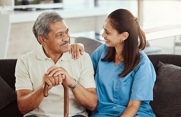 Image showing Nurse, healthcare and senior patient with medical support from caregiver, aid or hospice for health, wellness and healthy communication in retirement. Elderly man with trust in woman in old age home