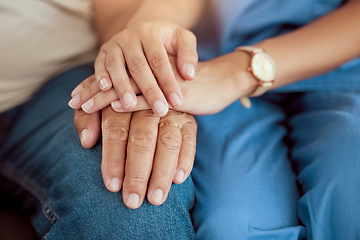 Image showing Support, trust and hands, a couple in therapy or marriage counseling session. Love, care and understanding between man and woman together. Hope, empathy and help in a time of need for mental health.