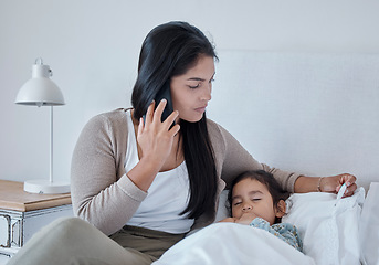 Image showing Woman make phone call, sick child in bed sleeping with covid or virus in home. Mom fear for kid healthcare, contact doctor or pediatrician with smartphone for medical advice or medicine to help girl