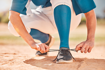 Image showing Baseball sport and shoes lace tie preparation for fitness athlete on sand field for tournament. Softball girl with player uniform getting ready with footwear on ground for game performance.