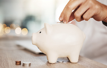 Image showing Piggy bank savings, investment and hand with money, coin or silver investing in future wealth, financial growth or economy wealth. Accounting man saving change or cash for profit, finance and budget