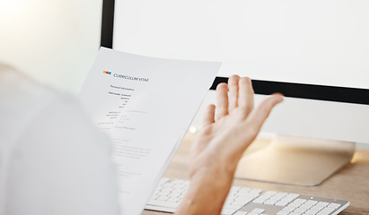 Image showing Hr manager, woman and cv resume while reading information and choosing candidate to hire during online job interview. Closeup female hands holding paper or document for hiring or recruitment on pc