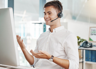 Image showing Call center, headset and computer with sales agent and smile while working in customer support, telemarketing or inbound marketing. Trust, support and help with employee in office for crm consulting