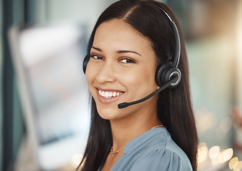 Image showing Customer service, corporate portrait of woman in telemarketing business working in office. Professional helpdesk support operator girl working in consulting career with confident smile.