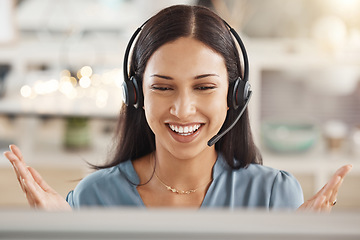 Image showing Call center, telemarketing or customer support agent consulting clients with headset in office. Happy employee working on ecommerce sales, online consultation and customer service crm with technology