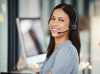 Image showing Call center, customer service woman consultant portrait for telemarketing, crm advice or ecommerce support. Fintech, software information technology agent for online helping, communication or talking