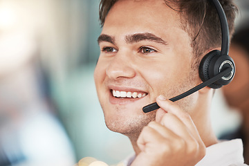 Image showing Call center, happy sales man and customer service worker consulting, microphone telemarketing and working in office. Face of smile contact support consultant, crm communication and agency help desk