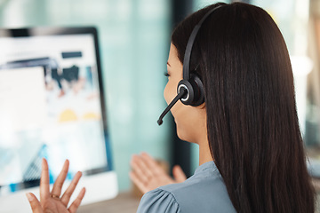 Image showing Call center, communication woman and computer in customer service, contact us and crm consulting office. Support worker, tech receptionist and talking telemarketing consultant advertising sales deal