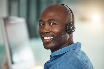 Image showing Telemarketing customer service, happy black man and communication in digital transformation success. Portrait of consultant smile in call center, online help desk and business call in support iot