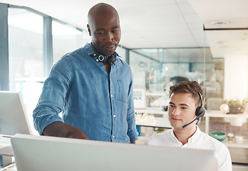 Image showing Man learning customer service training for telemarketing call center job, talking about crm and online support skills. Responding to contact us forms, questions and helping give customers good advice